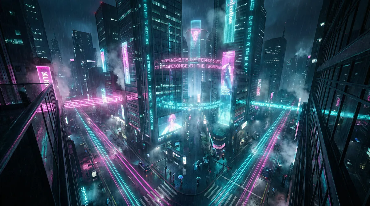 顶蘑菇 竖屏短剧平台首页背景 - 赛博朋克都市夜景